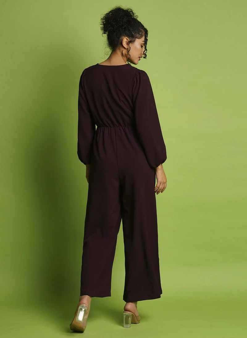 globus Purple Globus Women V-Neck Bishop Sleeves Gathered Detail Wrap Basic Jumpsuit for Women | Best Price UAE